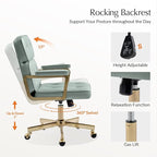 HULALA HOME Faux Leather Office Desk Chair with Golden Metal Legs, Comfy Upholstered Computer Chair with Tufted Backrest & Thick-Cushion Padded Armrest, Height Adjustable and 360°Swivel, Sage