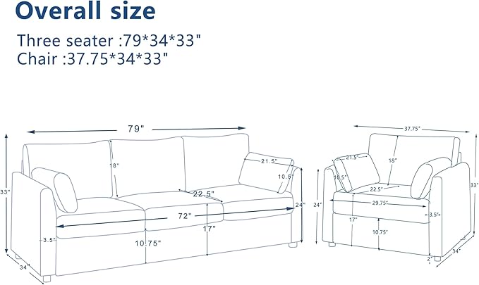 Sofa Set for Living Room Corduroy Couch Sets 3 Seater and Single Chair, Sofas for Apartment and Small Spaces (Blue, Sofa Set)
