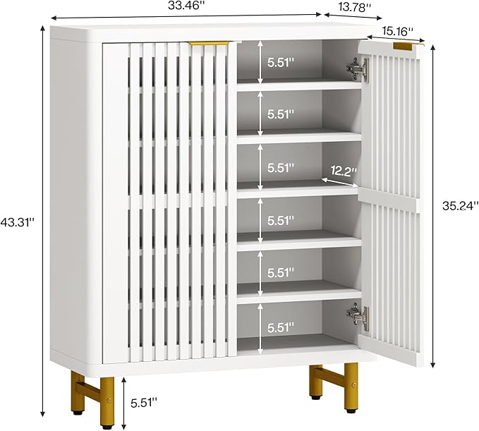 Tribesigns 6-Tier Farmhouse Shoe Cabinet with Shutter Doors, Wooden Shoe Organizer Rack with Adjustable Shelves, Modern Large Hidden Storage Furniture for Entryway, Hallway (White&Gold)
