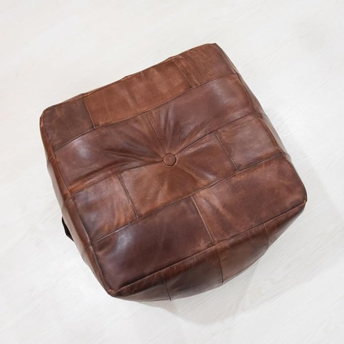 Handmade Eco-Friendly Geometric Leather Pouf Brown Color Square 14" x 14" x 14" Pouf for Living Room, Bedroom Seating, Patio