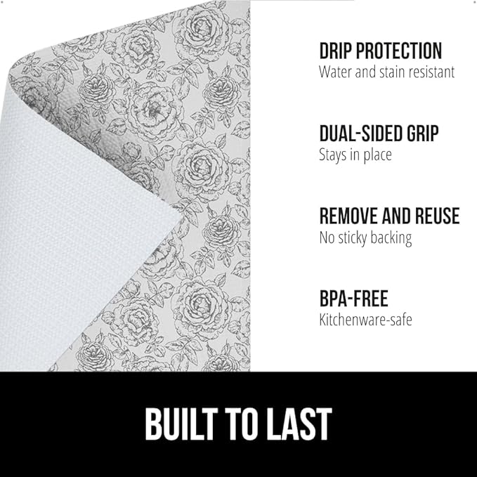 GORILLA GRIP DripGuard Shelf Liner, Non Adhesive Drawer and Kitchen Cabinet Protector, Slip Resistant BPA Free Smooth Surface Plastic Liners for Cabinets, Bathrooms, Closets, 12x120 Inch, Floral Gray