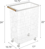 Yamazaki Home Wire Slim Saving Rolling Wheeled Clothing Hamper | Steel + Wood | Laundry Basket, One Size, White