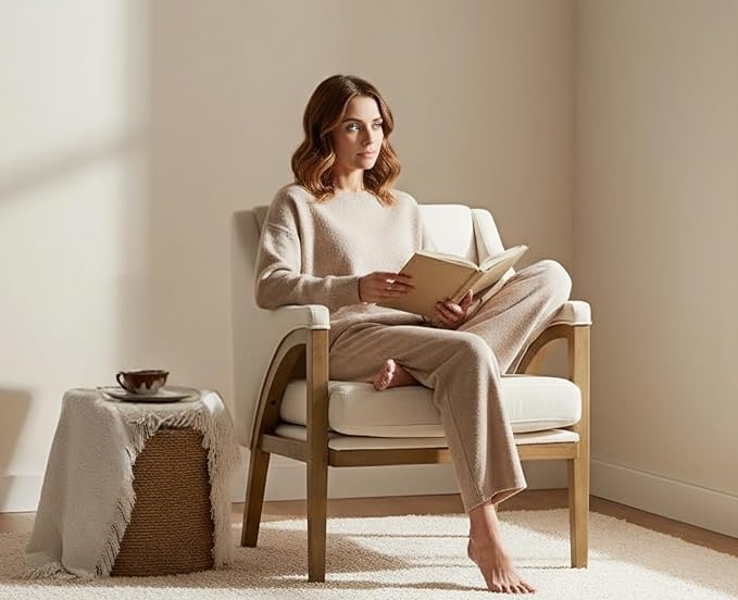 EALSON Modern Accent Chair Comfy Living Room Chair with Wooden Frame and Armrest Mid Century Upholstered Fabric Reading Lounge Armchair for Living Room/Bedroom/Reading/Balcony, Chenille White