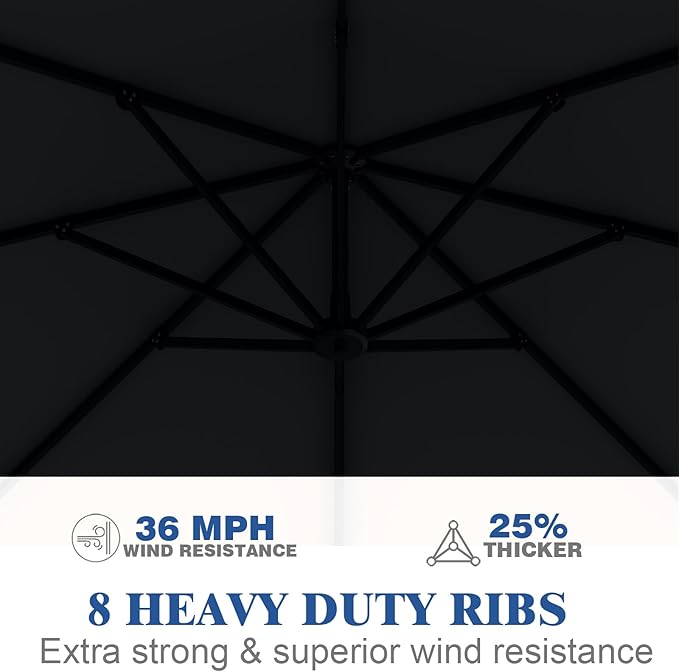 7 Piece Patio Dining Set with 11ft Patio Umbrella (Black), 7 Black Outdoor HDPE Dining Set with 6 Chairs + 1 Large Table with 2" Umbrella Hole, for Market, Pool, Garden, Backyard, Deck