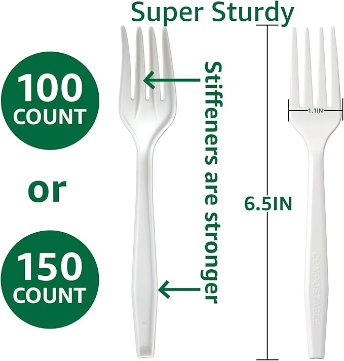 100% Compostable No Plastic Knives Forks Spoons Utensils, The Heavyweight Heavy Duty Flatware is Eco Friendly Products for Lounge Party Wedding BBQ Picnic Camping.