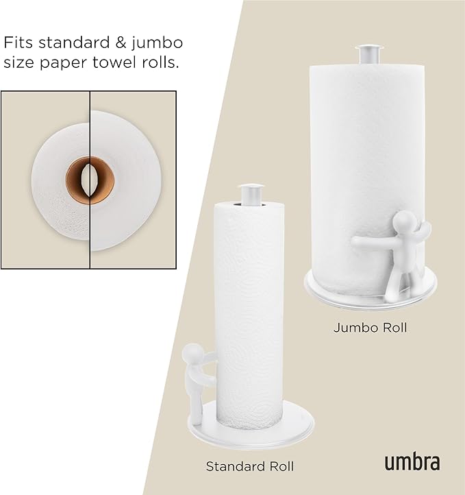 Umbra Buddy Paper Towel Holder Stand for Kitchen Countertop, Unique Dispenser, Standard, White