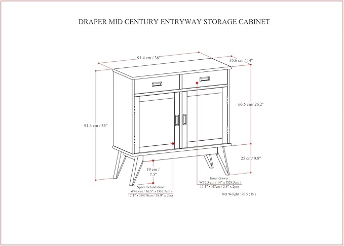 SIMPLIHOME Draper Solid Hardwood 36 inch Wide Mid Century Modern Entryway Storage Cabinet in Teak Brown for The Living Room, Entryway and Family Room