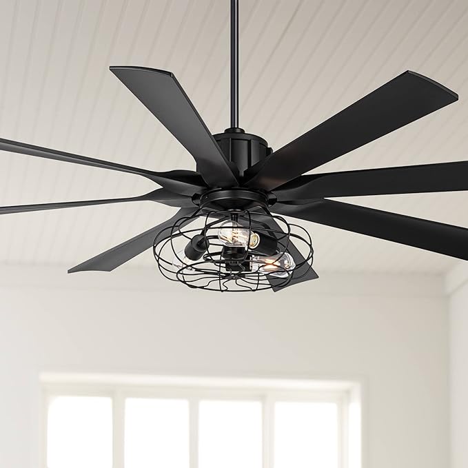 Possini Euro Design 60" Defender Modern Industrial Indoor Ceiling Fan with LED Light Remote Control Matte Black Metal Cage for Living Kitchen House Bedroom Family Dining Home Office Kids Room