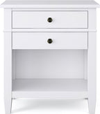 SIMPLIHOME Carlton Bedside Table - 24 inch Wide Solid Wood Nightstand Table in White, Transitional Bedroom Side or End Table with 2 Drawers, Open Storage Shelf and Bronze Hardware