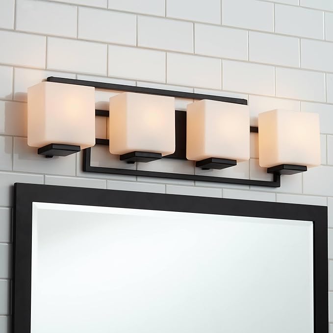 Possini Euro Design Modern Wall Light Black Hardwire 29" 4-Light Fixture Opal White Rectangular Geometric Glass Shade for Bedroom Bathroom Bedside Vanity Living Room Home Mirror Hallway Dining