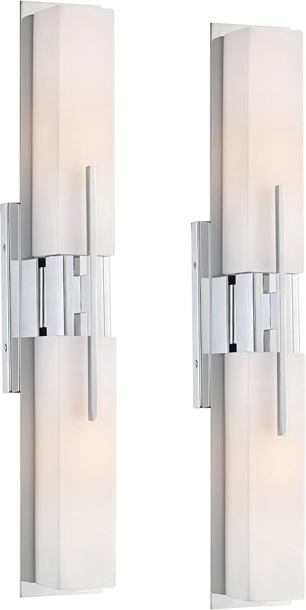 Possini Euro Design Midtown Modern Wall Lights Set of 2 Chrome Silver Metal Hardwired 4 1/2" Fixture White Glass Rectangular Shade for Bedroom Bathroom Vanity Living Room Home Hallway Dining House