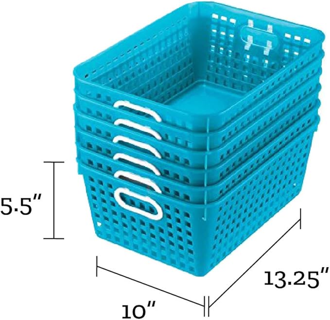 Really Good Stuff Multi-Purpose Plastic Storage Baskets for Classroom or Home Use - Stackable Mesh Plastic Baskets with Grip Handles 13" x 10" (Neon Blue - Set of 12)