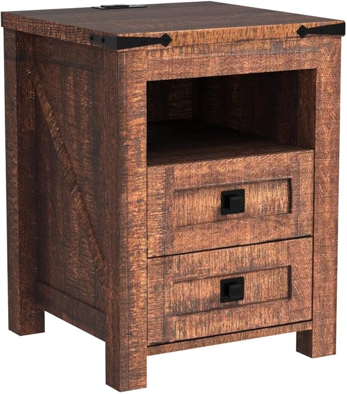 T4TREAM Nightstand with Charging Station, End Table, Side Table with 2 Drawers Storage Cabinet for Bedroom, Living Room, Farmhouse Design, Wood Rustic, Reclaimed Barnwood