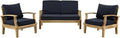 Modway Marina Premium Grade A Teak Wood Outdoor Patio Loveseat and Two Armchairs in Natural Navy