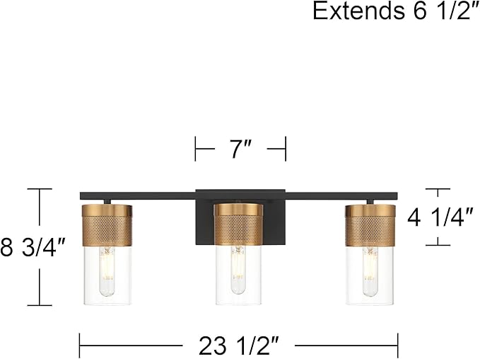 Possini Euro Design Berlin 23 1/2" High Modern Industrial 3 Light Bathroom Vanity Wall Lamp Light Fixture Mount Over The Sink Mirror Hardwired Cordless Black and Gold Glass Shade Indoor Entry-Way