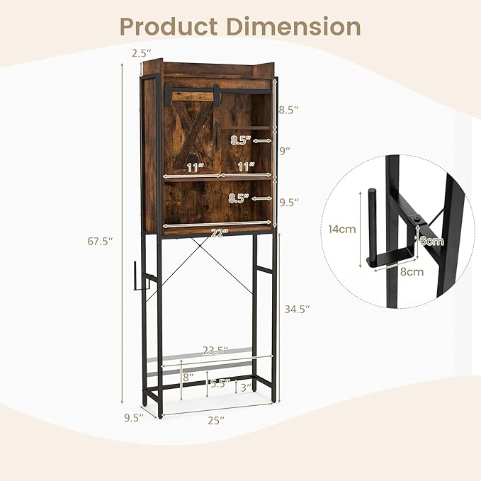 LOKO Over The Toilet Storage Cabinet, Freestanding Bathroom Space Saver with Adjustable Shelves & Sliding Barn Door, 4-Tier Over Toilet Bathroom Organizer, 25 x 9.5 x 67.5 inches (Rustic Brown)