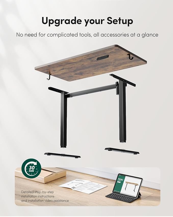 FEZIBO One-Piece Standing Desk Adjustable Height Stand up Home Office Desk, 48x24 Inch Electric Standing Computer Desk, with 4 Memory Presets, Headphone Hook, Rustic Brown