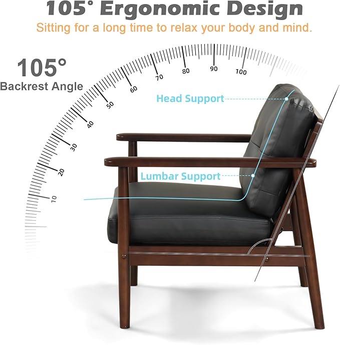 STHOUYN Mid Century Modern Chair, PU Leather Accent Chair Set of 2 with Wood Arms, Living Room Chairs, Reading Armchair for Bedroom, Waiting Room, Office