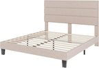 AMERLIFE Queen Size Bed Frame with Linen Upholstered Headboard, Modern Platform Bed with Wooden Slats Support, Noise-Free, No Box Spring Needed, Easy Assembly, Beige
