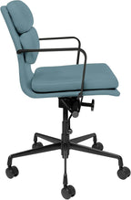 Laura Davidson Furniture SOHO II Padded Management Office Chair - Mid Back Desk Chair with Arm Rest, Swivel & Cushion Availability, Made of Faux Leather, Coastal Blue with Black Frame, Computer Chair