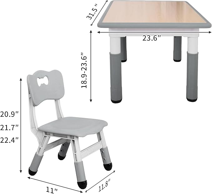 UNICOO Kids Table and Chairs Set, Height Adjustable Toddler Study Table and Chairs, Arts & Crafts Table, Suitable for Ages 2-10, Childrens Activity Table, Preschool Furniture (BY-60-MGY)