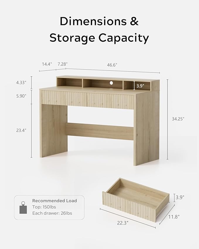 Fluted Executive Desk with Storage Shelf, 47" Modern Wood Home Office Desk with Long Monitor Stand & 2 Drawers, Writing Study Computer Table Vanity Desks, Light Oak