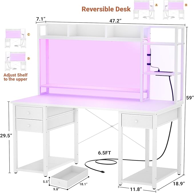 Aheaplus Desk with LED and Outlets, Gaming Desk with Hutch, 47.2'' Computer Desk with Drawers, Reversible Office Desk with Storage Bookshelf Large Workstation Desk with Shelf, Desk for Home, White