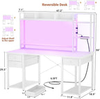 Aheaplus Desk with LED and Outlets, Gaming Desk with Hutch, 47.2'' Computer Desk with Drawers, Reversible Office Desk with Storage Bookshelf Large Workstation Desk with Shelf, Desk for Home, White