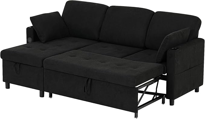 84" Sectional Pull Out Sofa Bed with Adjustable Backrests, L-Shaped Sleeper Sofa with USB Ports, Upholstered Reversible Couch with Cup Holder & Storage Space for Living Room, House, Black