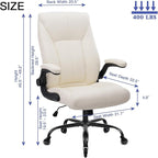 Big and Tall Office Chair for Heavy People, Executive Desk Computer Chair Adjustable Flip-up Armrests for Women, PU Leather Swivel Task Chair with Ergonomic High Back and Lumbar Support (White)