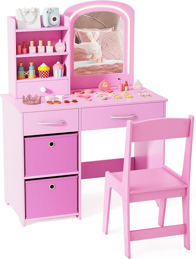 Costzon Kids Vanity with Lights, Princess Makeup Dressing Desk with Mirror and Stool, Storage Drawers, Shelves, Kids Vanity Table and Chair Set for Little Girls (Pink)