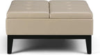 SIMPLIHOME Dover 36 inch Wide Contemporary Square Coffee Table Storage Ottoman in Satin Cream Vegan Faux Leather, Assembled, For the Living Room and Bedroom