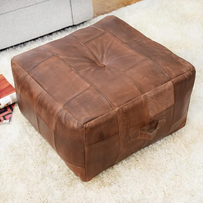 Handmade Eco-Friendly Geometric Leather Pouf Brown Color Square 21" x 21" x 12" Buffalo Leather Pouf for Living Room, Bedroom Seating, Patio