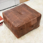 Handmade Eco-Friendly Geometric Leather Pouf Brown Color Square 21" x 21" x 12" Buffalo Leather Pouf for Living Room, Bedroom Seating, Patio