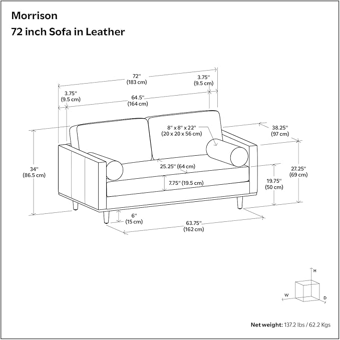 SIMPLIHOME Morrison 72-inch Wide Sofa in Caramel Brown Top Grain Genuine Leather, Mid-Century Modern-Style Loveseat for Living Room, Single Bench Cushion, Removable Back Cushions, 2 Bolster Pillows