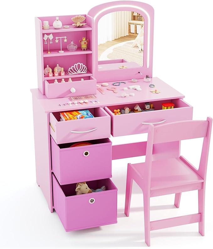 HONEY JOY Kids Vanity, Little Girls Vanity Set with Mirror and Stool and Lights, Wooden Princess Makeup Dressing Table, Storage Box & Shelf, Pretend Play Kids Vanity Table and Chair Set(Pink)
