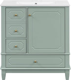 Bathroom Vanity with Ceramic Sink 30 inch, Multi-Functional Storage Cabinet with Drawers and Door Shelf, Solid Wood Frame, Soft-Closing Door, Light Green