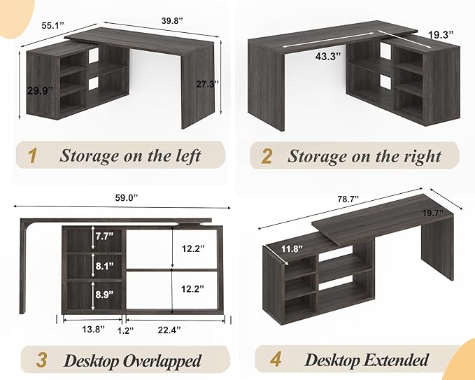 HSH L Shaped Computer Desk, Rustic Wood Corner Desk, Industrial Writing Workstation Table with Cabinet Drawer Storage for Home Office Study, Grey 55 inch