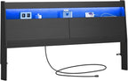 Modern Wooden Headboard Only with Storage,Wall Mount Bed Backboard with LED Light Power Outlets 2 USB Ports for Bedroom (Black, King)