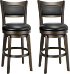 PrimeZone Swivel Bar Stools Set of 2, 24 Inch Counter Height Barstools, Black Faux Leather Bar Stool with High Backrest & Solid Wood Legs & Wrap-around Footrest, Counter Stools for Kitchen Island, Pub