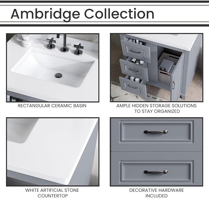 Hanover Ambridge 31'' Vanity Cabinet with Sink Combo for Bathroom, Powder Room | Pre-Assembled Cabinet | 1 Door, 3 Drawers | Artificial Stone Countertop, Gray Cabinet | HANVN0104-31-0GR