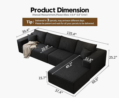 135.4" Cloud Sectional Couch with L-Shape Chaise,Modern Modular Sofa with Deep Seat, Upholstered Couches for Living Room Bedroom Apartments,No Assembly Required, (Black,Right Facing Chaise)