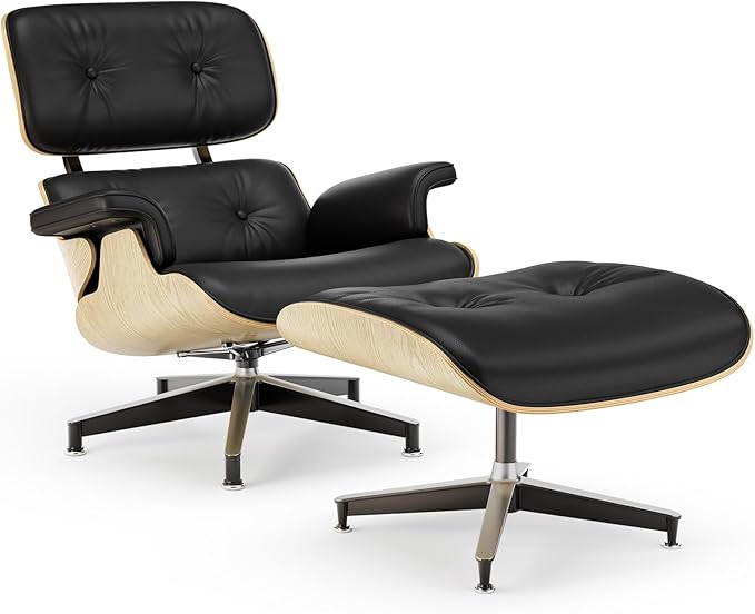 Top Black Grain Leather, Mid Century Chaise Lounge Chair and Ottoman, Modern Chair Classic Design, Ash Wood, Heavy Duty Base Support for Living Room Office