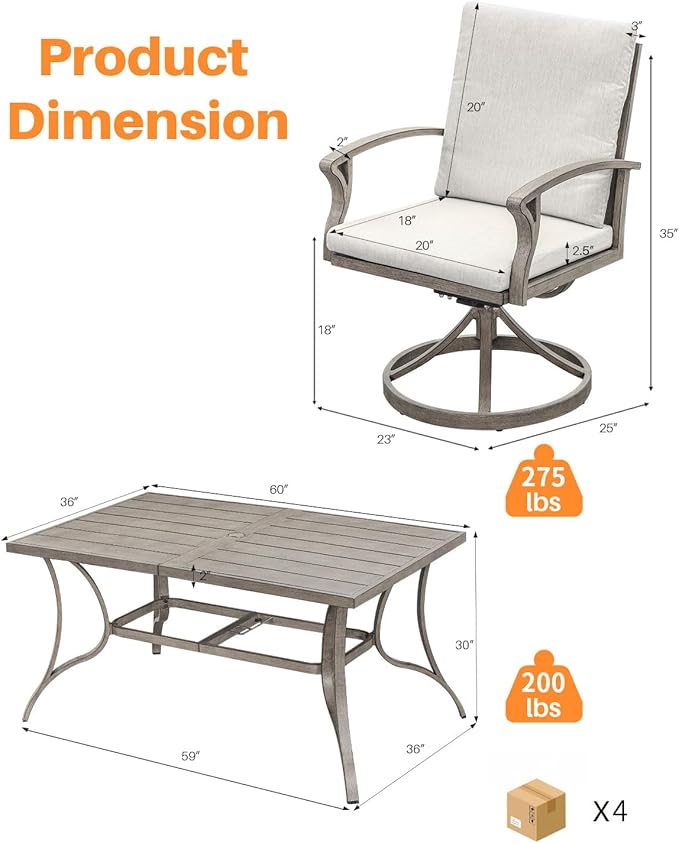 7-Piece Patio Swivel Dining Set for 6, Aluminum Outdoor Dining Set with Umbrella Hole, Patio Dining Furniture with Cushions, Outdoor Table and 6 Swivel Chairs for Deck Garden Yard, Limed Oak