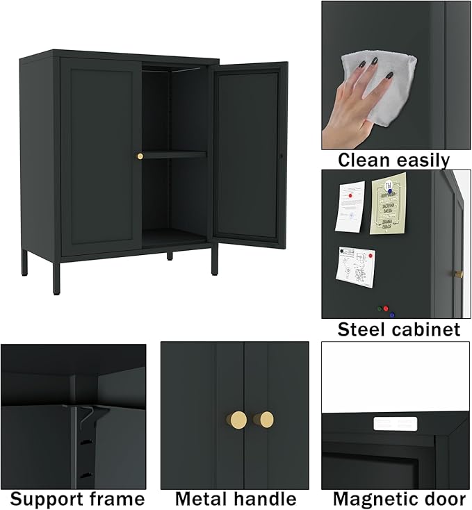 Small Storage Cabinet, Metal Modern Accent Cabinets with Doors and Shelves, Low Cabinet with high feet and Locker, Coffee Bar with Storage for Home,Office,Kitchen,Bathroom,Dining Room