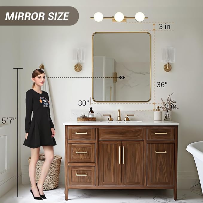 ANDY STAR Gold Bathroom Mirror for Wall, 30x36 Inch Rectangle Mirror for Bathroom with Rounded Corner, Modern Brushed Brass Rectangular Vanity Mirror with Anti-Rust Tube Metal Frame, Explosion-Proof