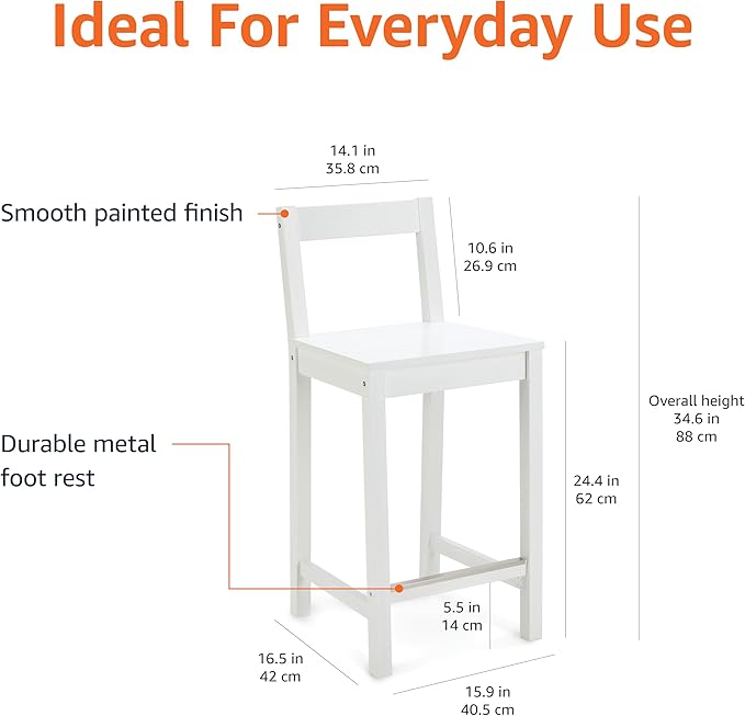 Amazon Basics Wooden Bar Stool with Backrest 24", White, 1 Unit