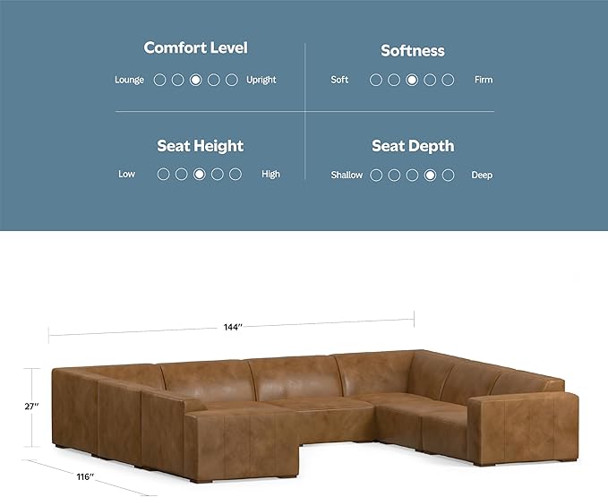 SIMPLIHOME Rex U-Shaped Sectional Modular Sofa in Full-Grain Genuine Leather, Caramel Brown, 144-inches Wide, Handcrafted Modern-Style Large Leather Couch for Living Room