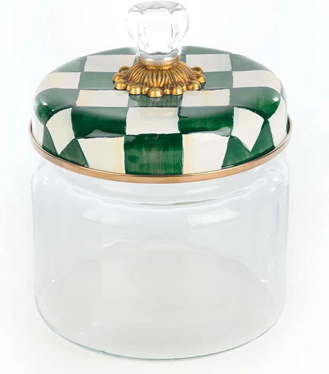 MACKENZIE-CHILDS Small Kitchen Canister, Decorative Glass Storage Jar with Lid, Green-and-White Emerald Check