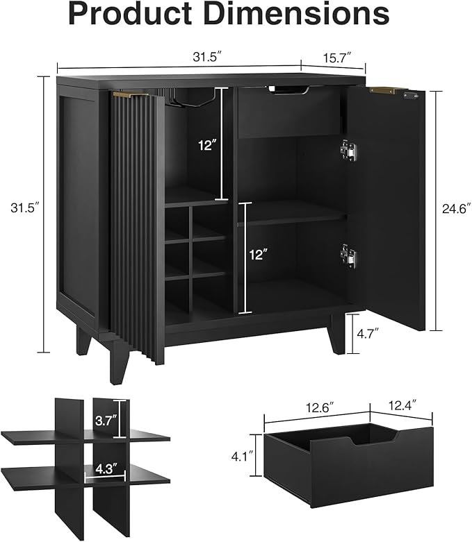 Fluted Coffee Bar Cabinet with Storage, Modern Sideboard Buffet Cabinet with Removable Wine Rack, Drawer, Adjustable Shelf, Black Liquor Cabinets for Living Room, Dining Room, Kitchen, Entryway